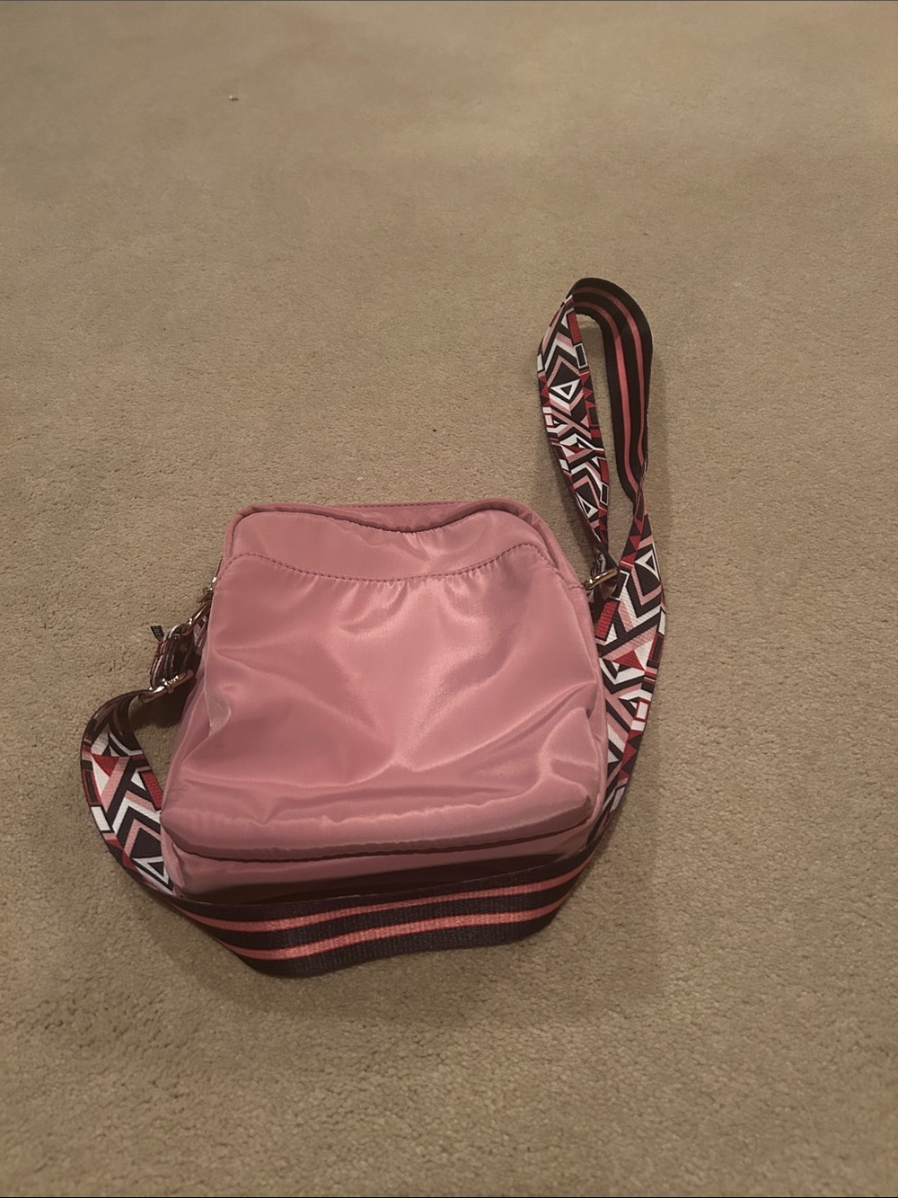 Stylish Pink Crossbody with Patterned Adjustable Strap